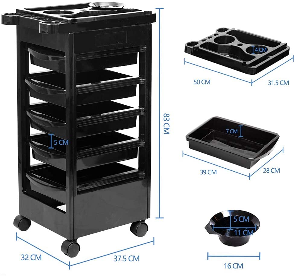 Carro de peluqueria barberia con rueda 5 cajon negro C1 - Imagen 2