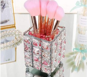 Soporte para Brochas Maquillaje, Organizador Brochas Maquillaje, Metal + Cristal Elegante Lujo Soporte Brochas Maquillaje para Delineadores Labios, Delineadores Ojos, Almohadillas Maquillaje (PLATEADO)