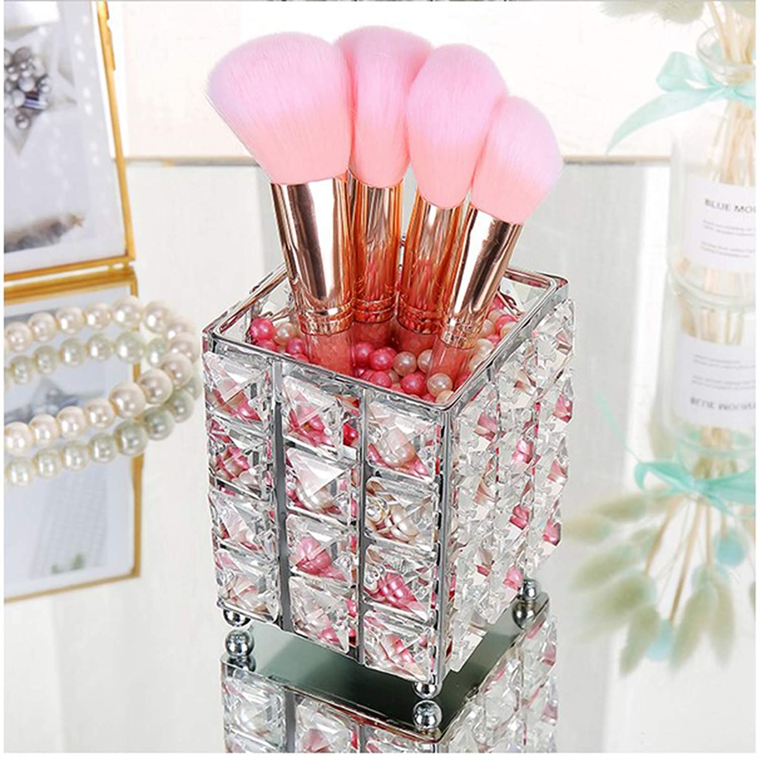 Soporte para Brochas Maquillaje, Organizador Brochas Maquillaje, Metal + Cristal Elegante Lujo Soporte Brochas Maquillaje para Delineadores Labios, Delineadores Ojos, Almohadillas Maquillaje (PLATEADO)