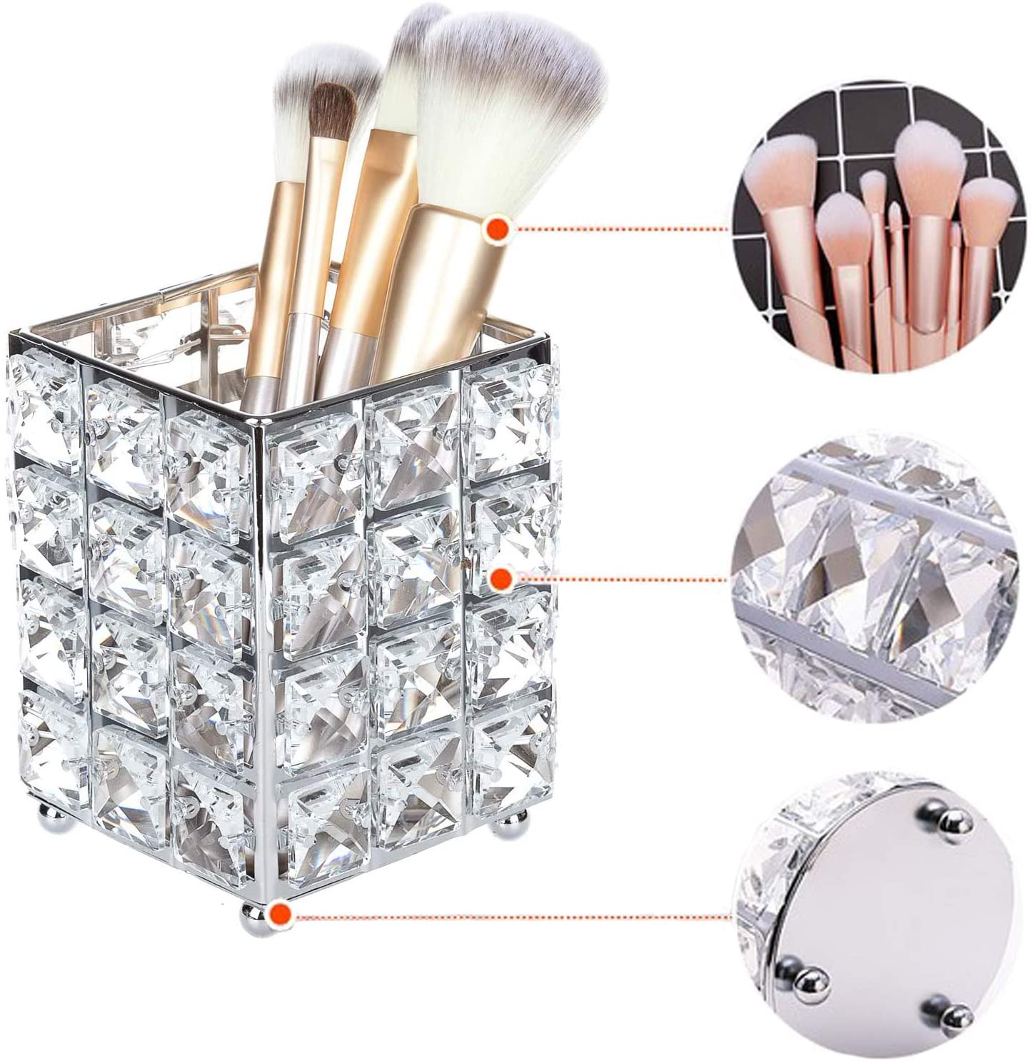 Soporte para Brochas Maquillaje, Organizador Brochas Maquillaje, Metal + Cristal Elegante Lujo Soporte Brochas Maquillaje para Delineadores Labios, Delineadores Ojos, Almohadillas Maquillaje (PLATEADO) - Imagen 3