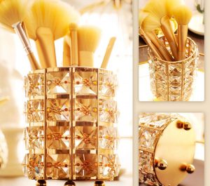 Organizador de Brochas de Maquillaje, Tompig Organizador de Maquillaje, Handcrafted Crystal Makeup Brush Organizador Organizador Personalizado para Brochas, Cejas, Lápices dorado